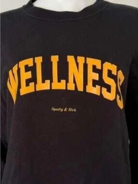 Sporty & Rich  Wellness Black Sweatshirt with Gold Lettering. L